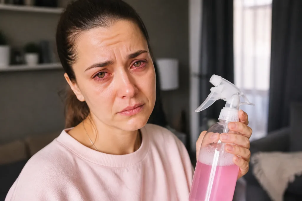 Personne avec yeux rouges tenant nettoyant parfume