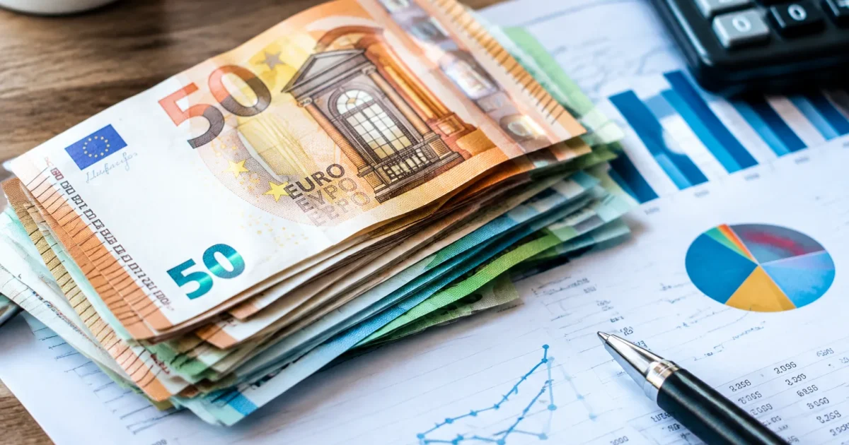 Billets euros empiles sur un releve financier