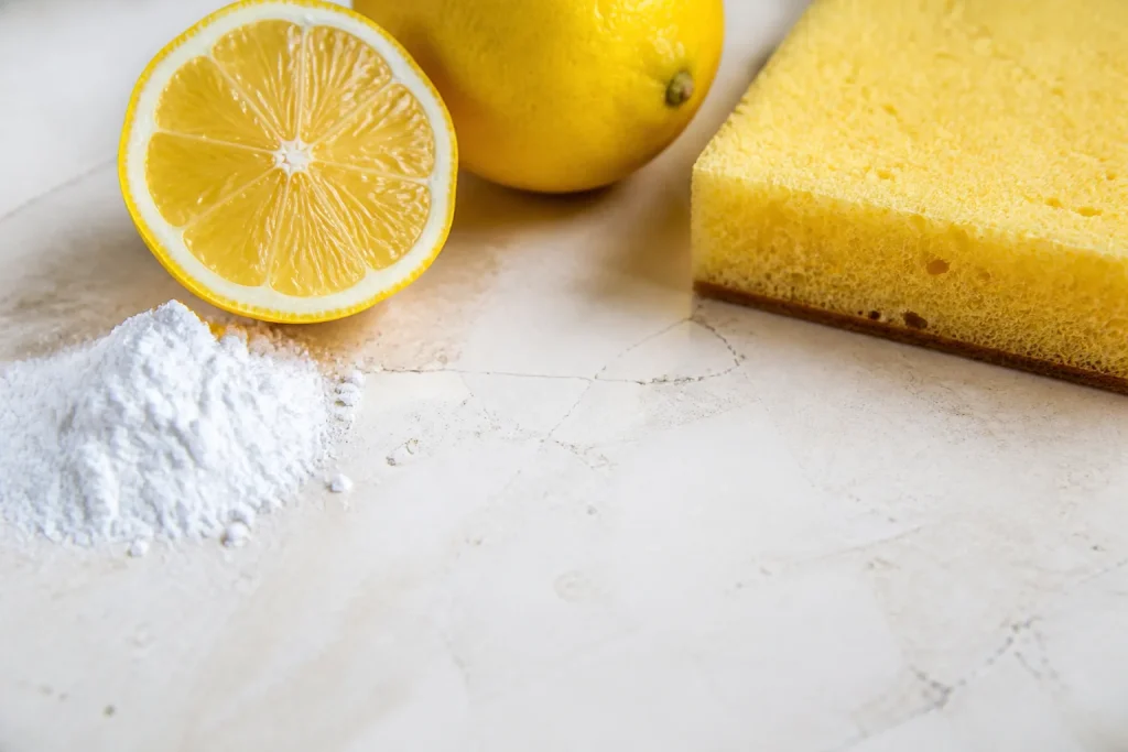 Surface blanche de calcaire nettoyee avec citron poudre