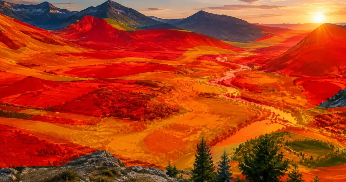 Carte zones rouges orange etendues couvrant paysage entier