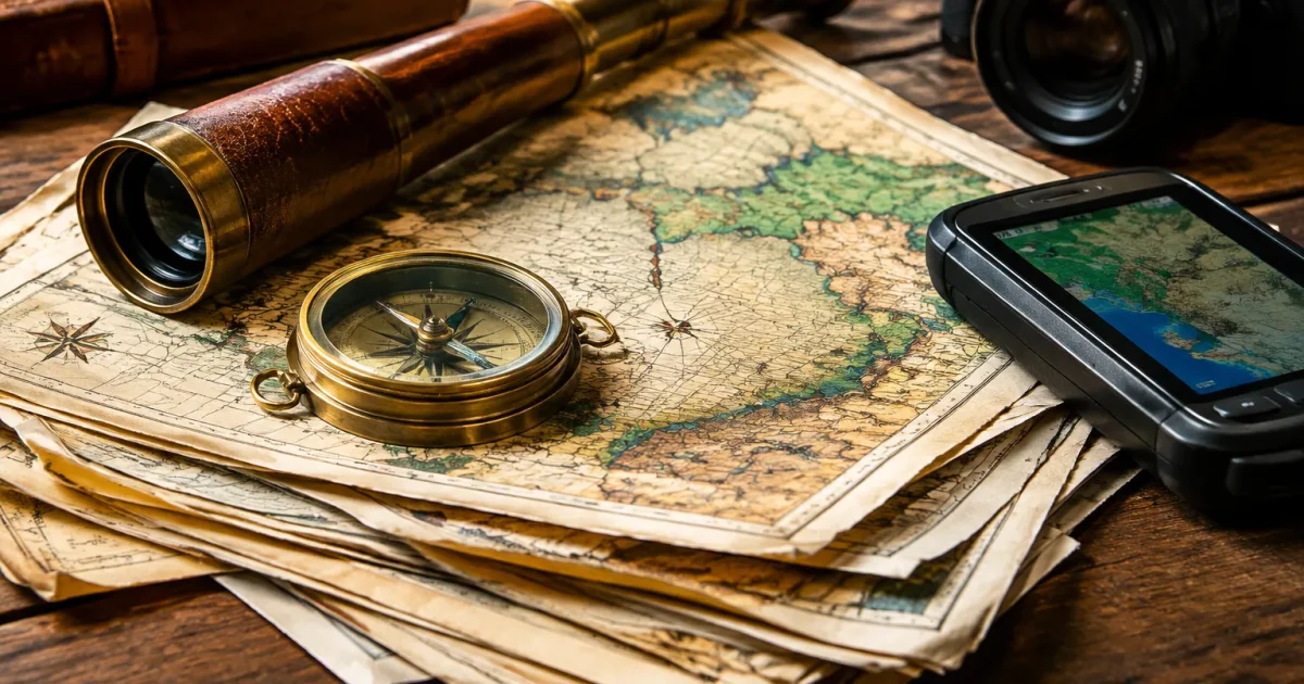 Cartes historiques empilees entre instruments anciens et modernes