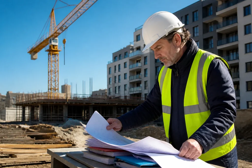 Chantier construction grue documents permis zone urbaine