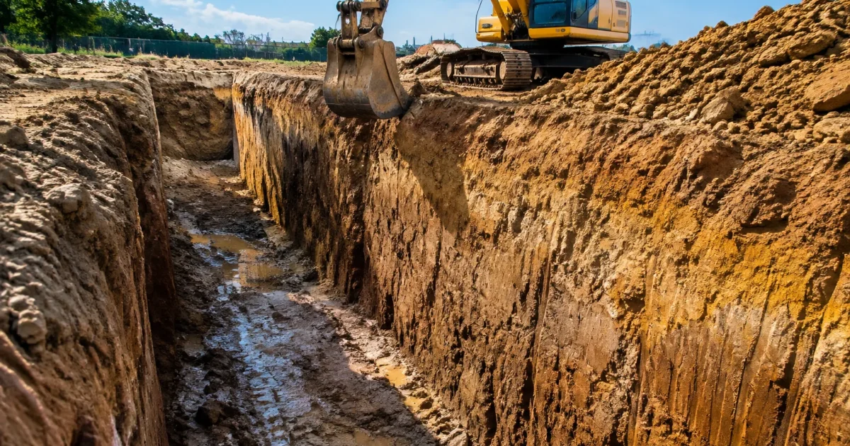 Chantier tranchee sol bouleverse profondeur bords verticaux massifs