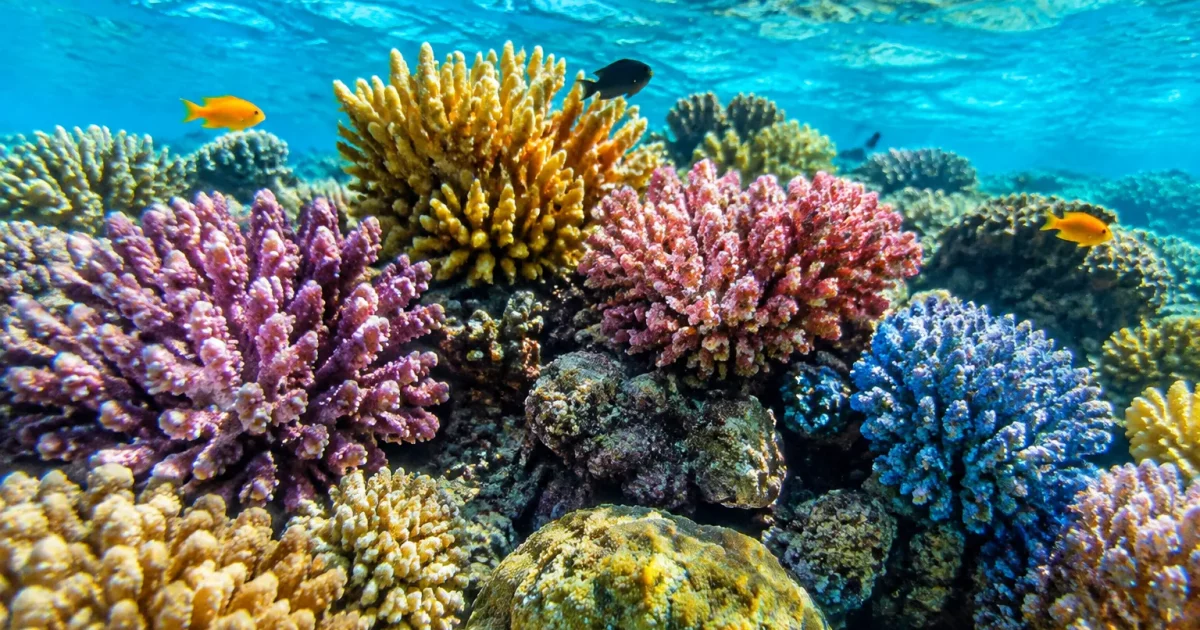 Coraux colores densement accumules sous eau transparente peu profonde