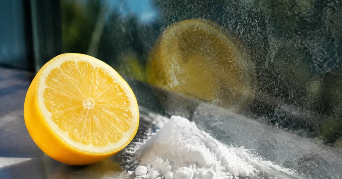 Demi citron jaune et poudre blanche sur vitre terne