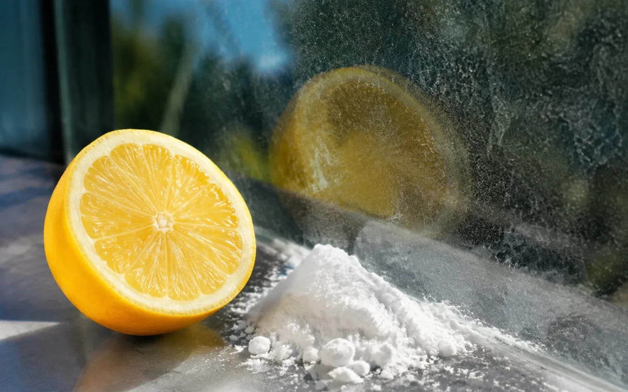 Demi citron jaune et poudre blanche sur vitre terne