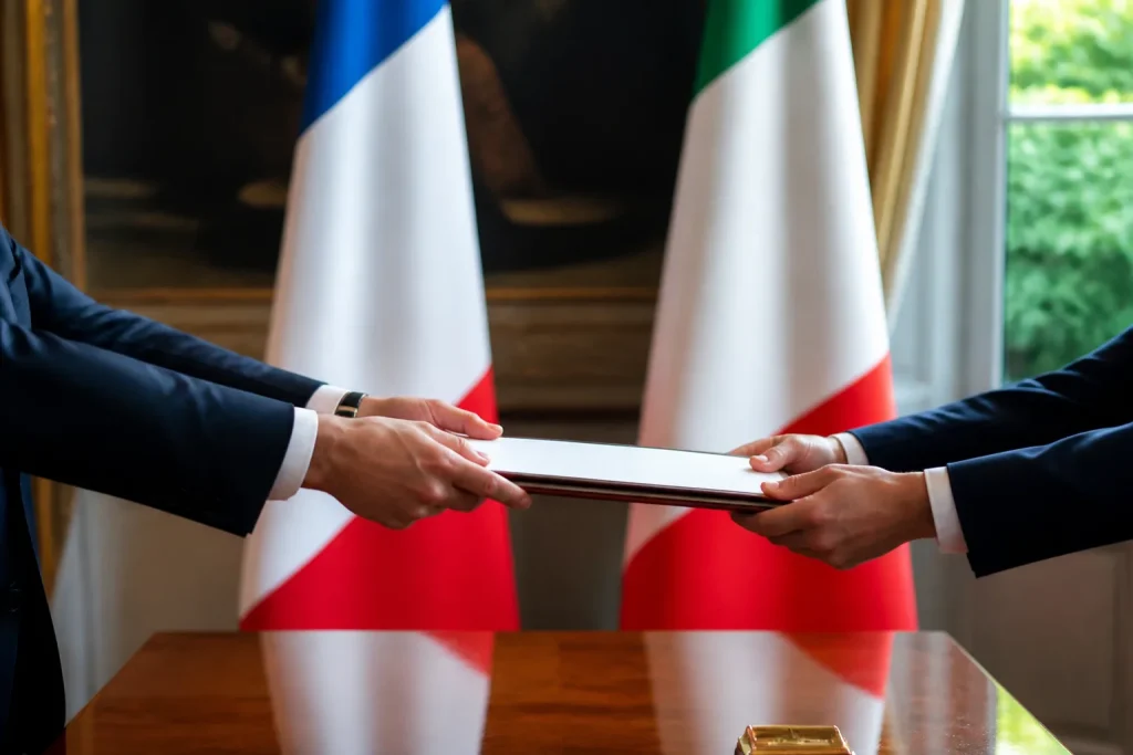 Drapeaux tricolore et italien avec mains echangeant contrats