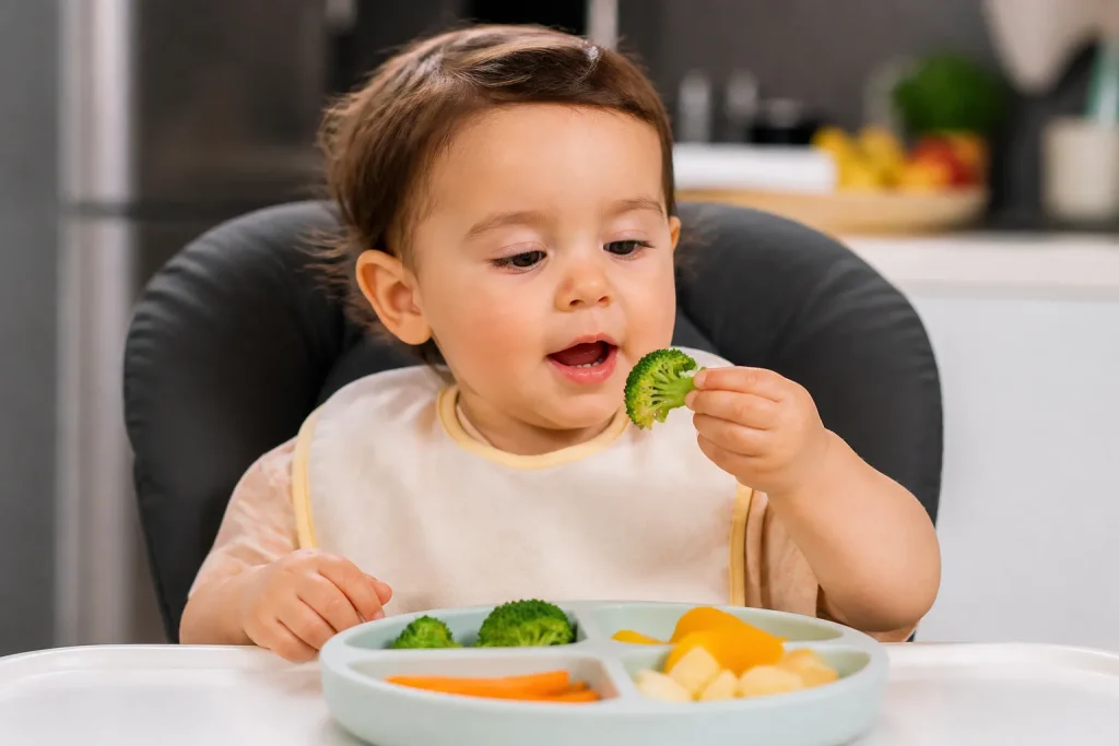 Enfant qui goute progressivement differents aliments