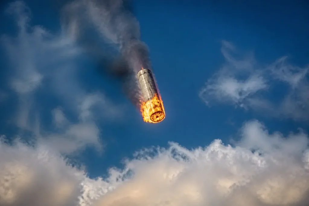 Etage de fusee metallique descendant avec flammes