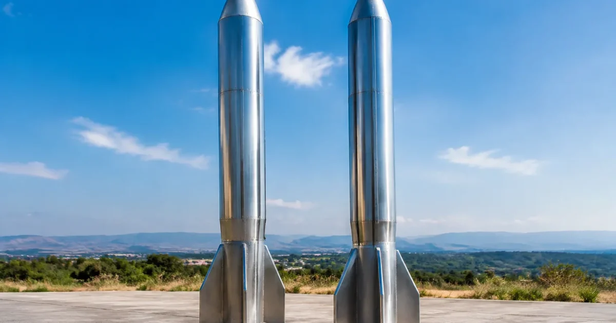 Deux fusees metalliques debout intactes alignees au sol