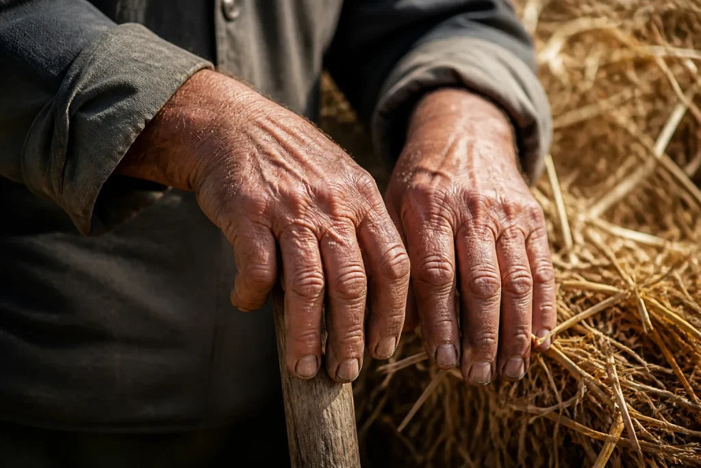 Mains usees d'un agriculteur age dans sa ferme