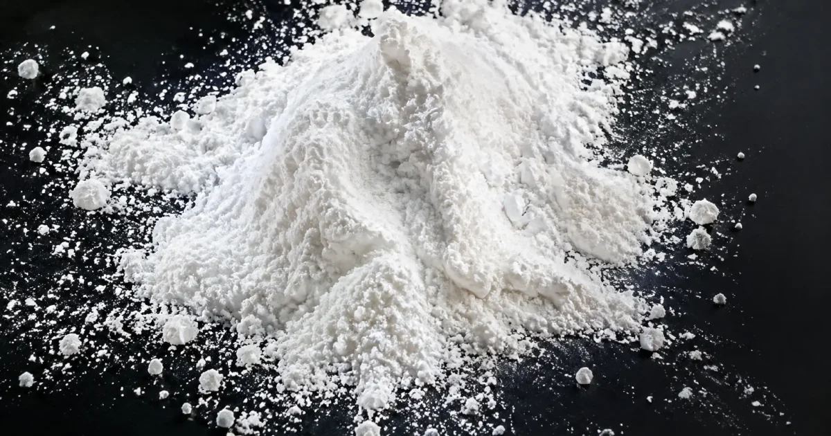 Poudre blanche saupoudree densement sur surface noire lisse