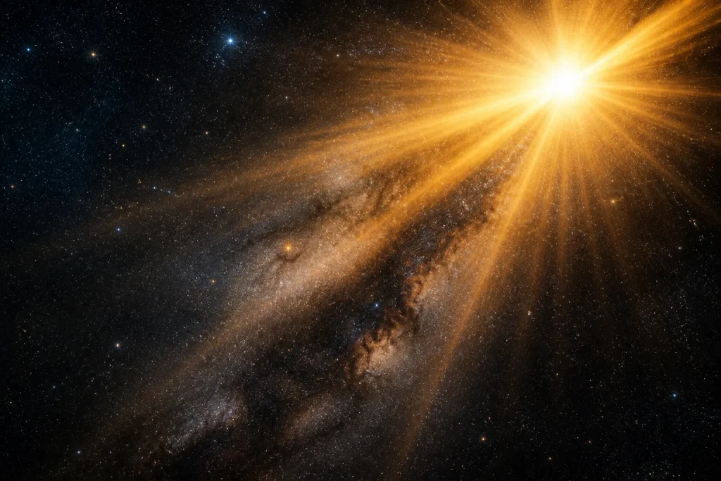 Rayons lumineux percutant le fond cosmique sombre