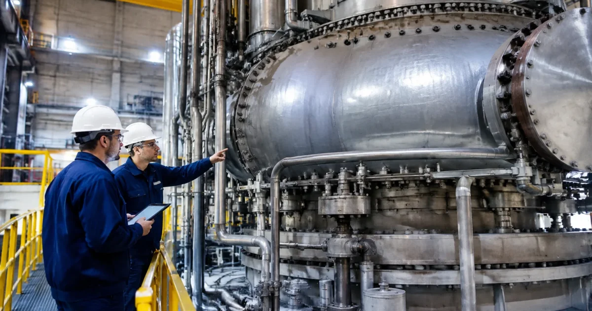 Specialistes inspectant structure metallique reacteur nucleaire imposante