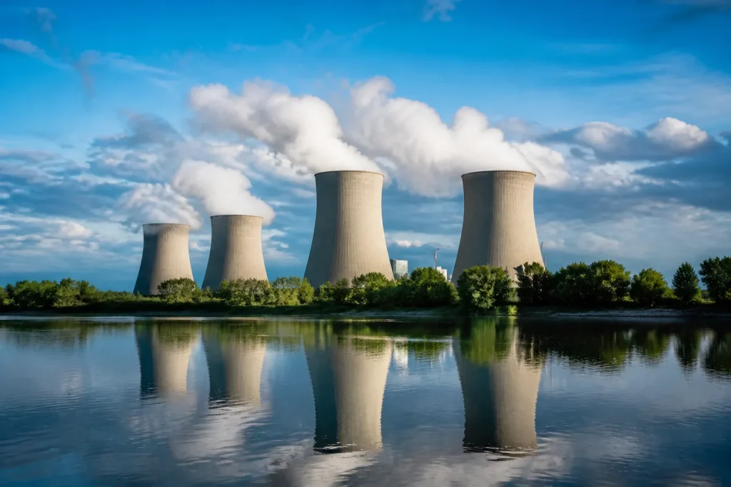 Tours cylindriques grises nucleaires refroidissement dispersees paysage industriel