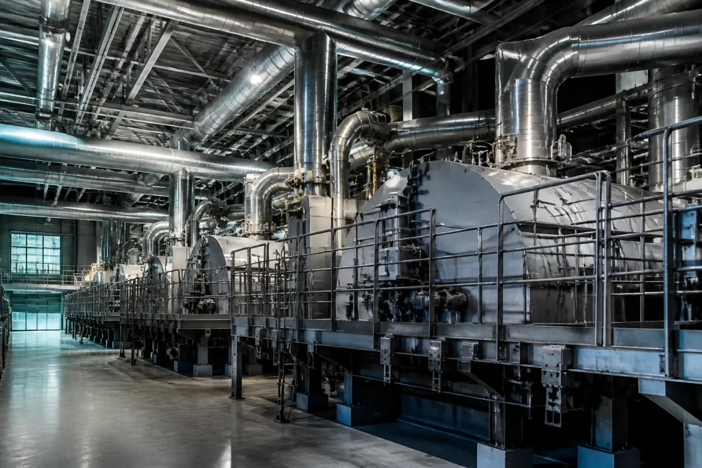 Usine grise avec turbines metalliques et tuyaux