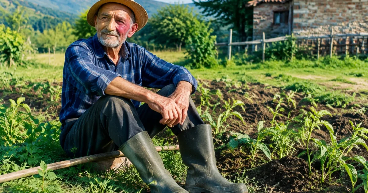 Vieux cultivateur assis seul dans son petit champ